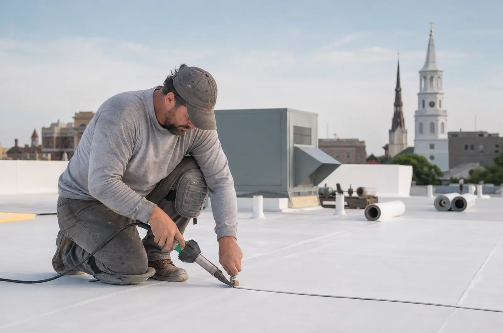 Flat Roof Replacement in Charleston, SC: roofer heat-welding a white TPO flat roof in downtown Charleston