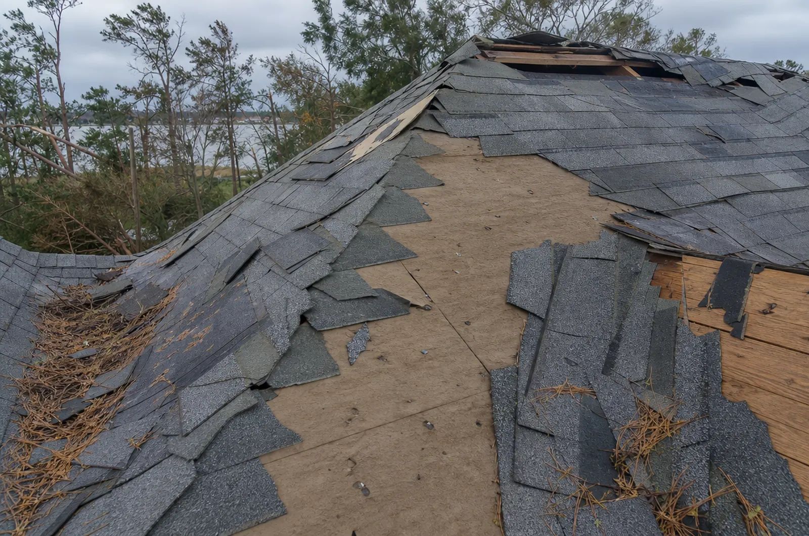 Storm & Hurricane Damage in Charleston, SC: hurricane wind damage with missing shingles and exposed roof decking