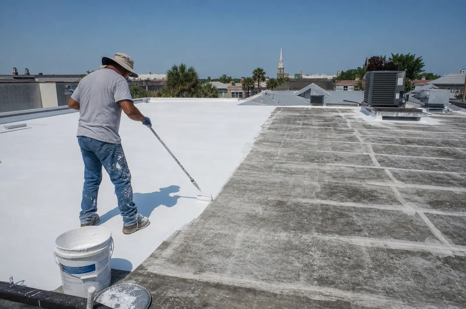 Roof Resurfacing & Re-Covering in Charleston, SC: silicone restoration coating being rolled onto a low-slope roof in Charleston