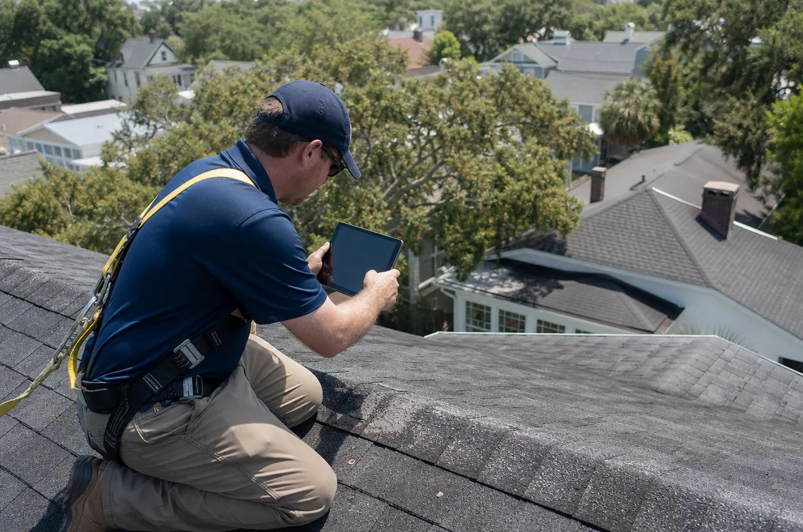Roof inspector documenting shingle wear with a tablet on a Charleston home